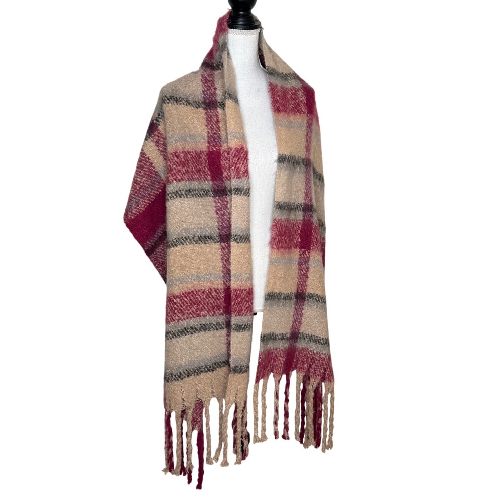 Max Studio Oversized Plaid Scarf One Size Tan Burgundy Fringe Dark Academia Cozy